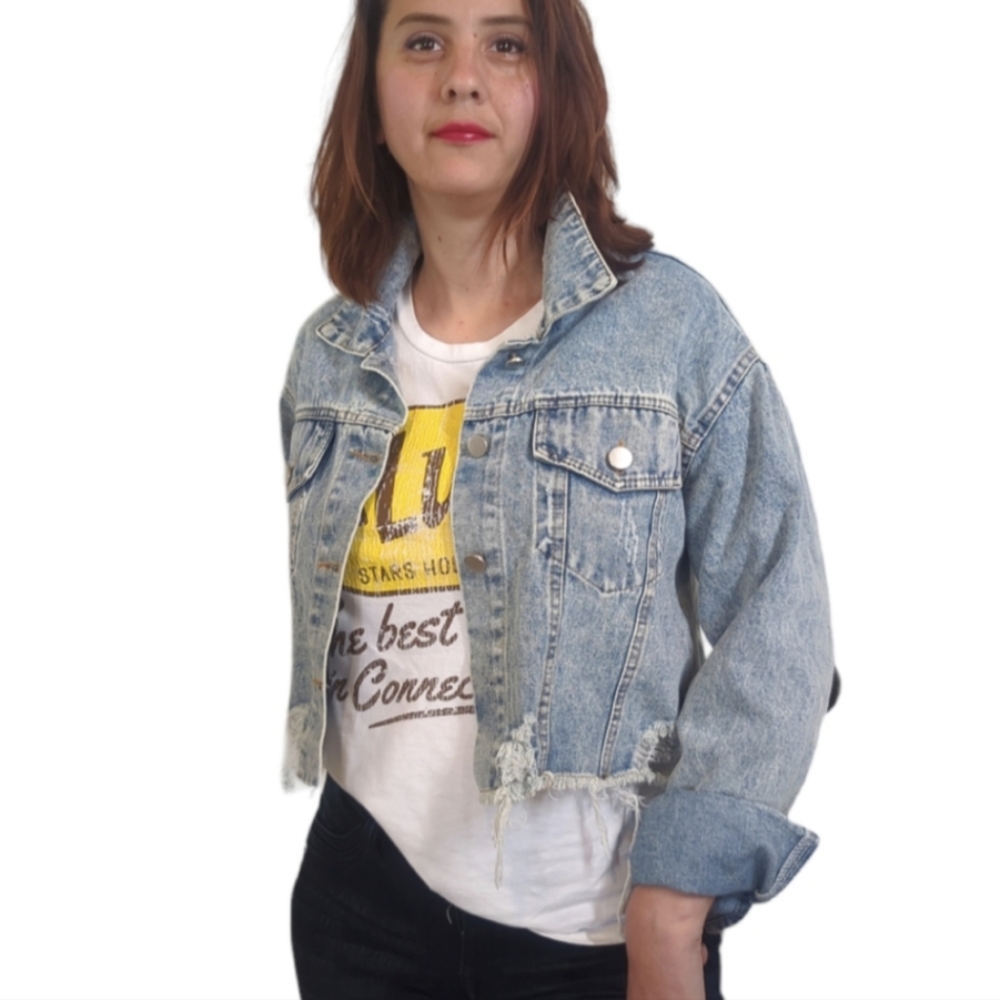 BLUE B COLLECTION Ripped Distressed Cropped Denim Jacket ~ NWT